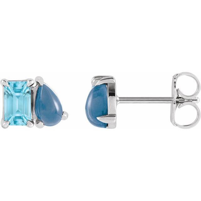 14K White Natural Sky Blue Topaz & Natural London Blue Topaz Two-Stone Stud Earrings