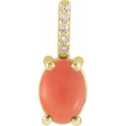 14K Yellow 6x4 mm Natural Pink Coral & .02 CTW Natural Diamond Pendant