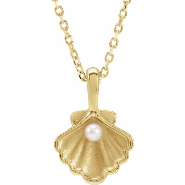 14K Yellow 1-Stone Cultured White Seed Pearl Family Shell 16-18' Necklace