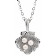14K White 3-Stone Cultured White Seed Pearl Family Shell 16-18' Necklace