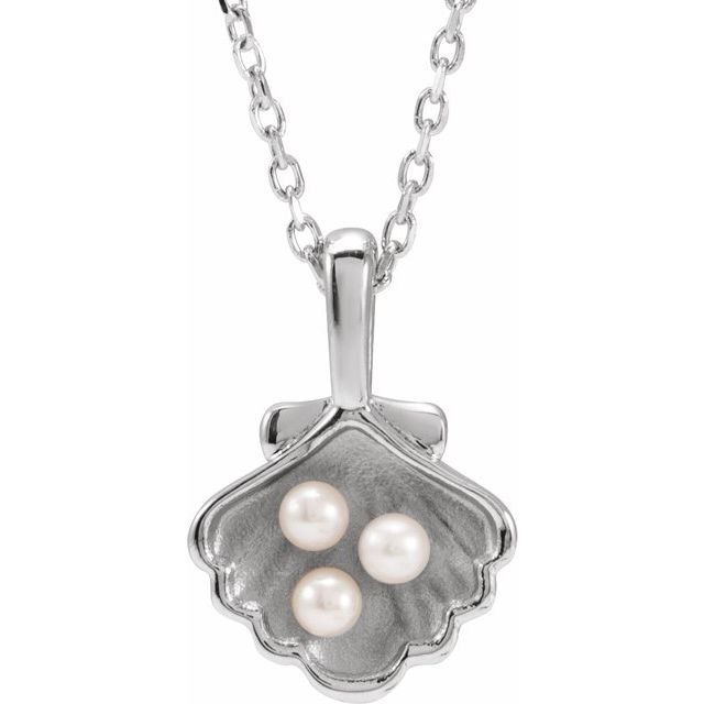 Sterling Silver 3-Stone Cultured White Seed Pearl Family Shell 16-18' Necklace