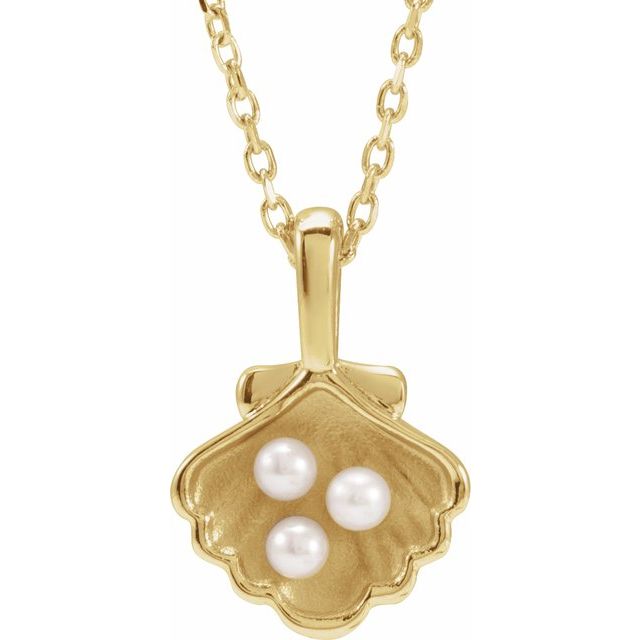 14K Yellow 3-Stone Cultured White Seed Pearl Family Shell 16-18' Necklace