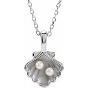14K White 2-Stone Cultured White Seed Pearl Family Shell 16-18' Necklace