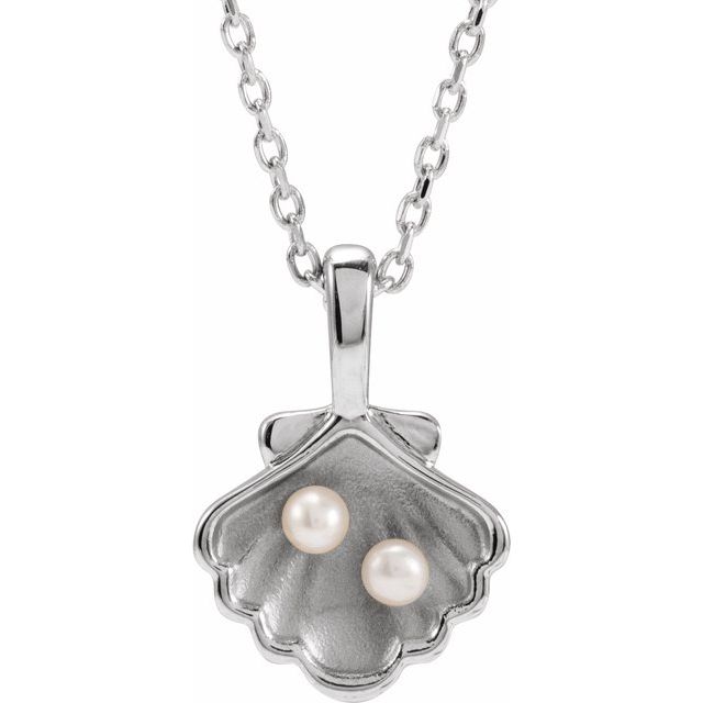 Sterling Silver 2-Stone Cultured White Seed Pearl Family Shell 16-18' Necklace