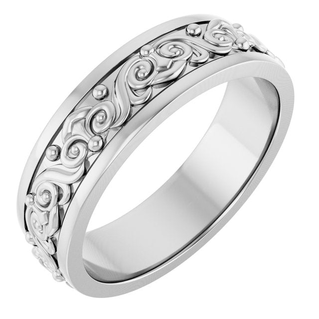 Sterling Silver 6.2 mm Scroll Patterned Band Size 10