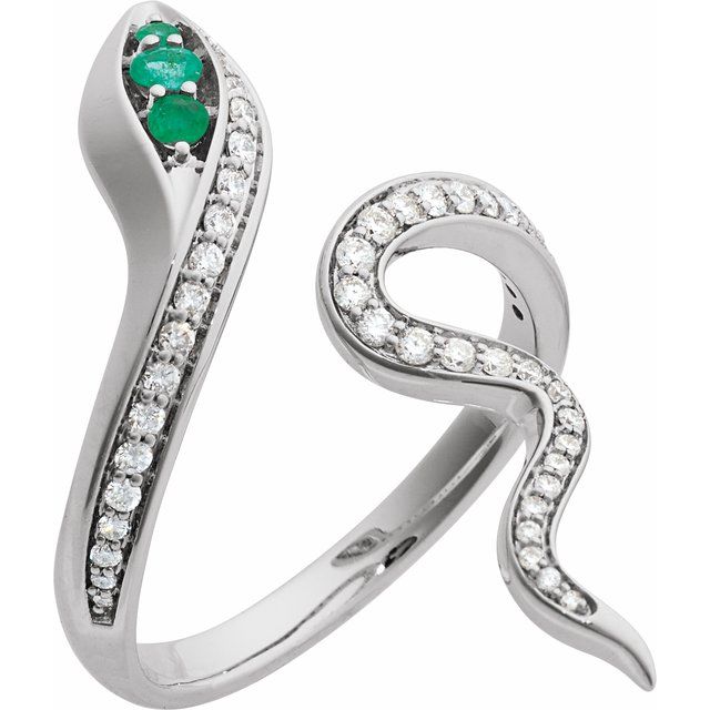 14K White Natural Emerald & 1/3 CTW Natural Diamond Snake Ring