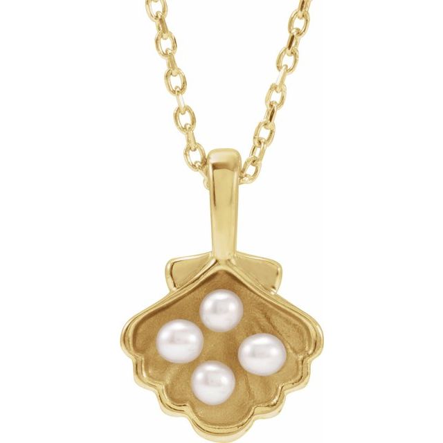 14K Yellow 4-Stone Cultured White Seed Pearl Family Shell 16-18' Necklace