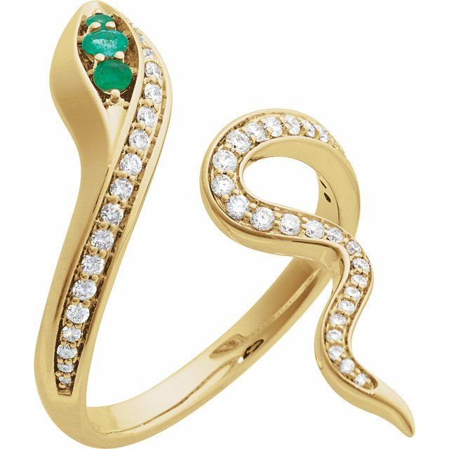 14K Yellow Natural Emerald & 1/3 CTW Natural Diamond Snake Ring