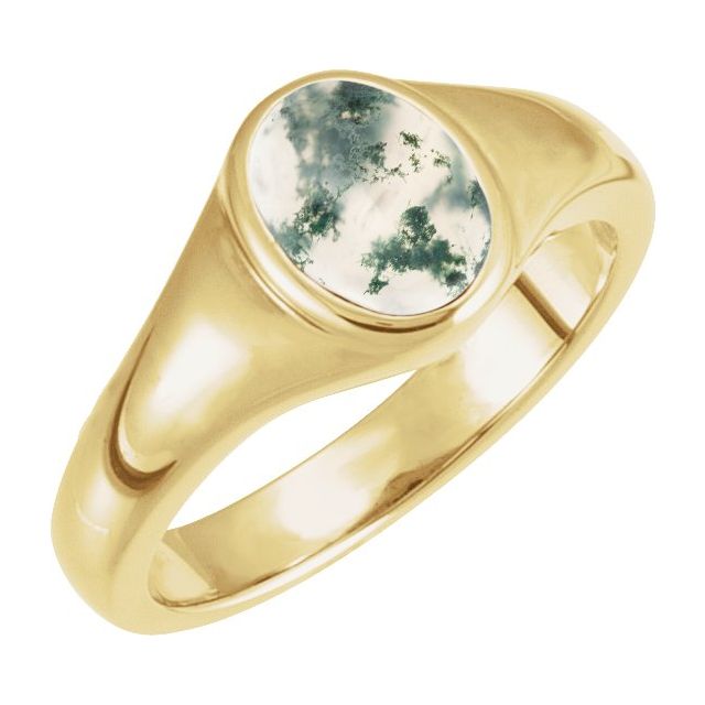 14K Yellow 8x6 mm Natural Moss Agate Ring
