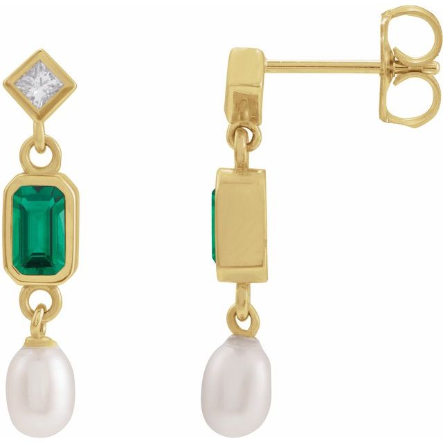14K Yellow Lab-Grown Emerald, Cultured White Akoya Pearl & .05 CTW Natural Diamond Earrings