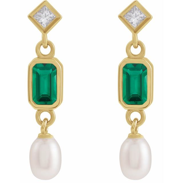 14K Yellow Lab-Grown Emerald, Cultured White Akoya Pearl & .05 CTW Natural Diamond Earrings