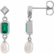 14K White Lab-Grown Emerald, Cultured White Akoya Pearl & .05 CTW Natural Diamond Earrings