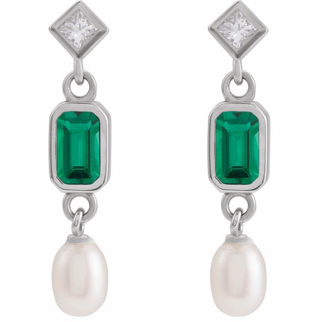 14K White Lab-Grown Emerald, Cultured White Akoya Pearl & .05 CTW Natural Diamond Earrings