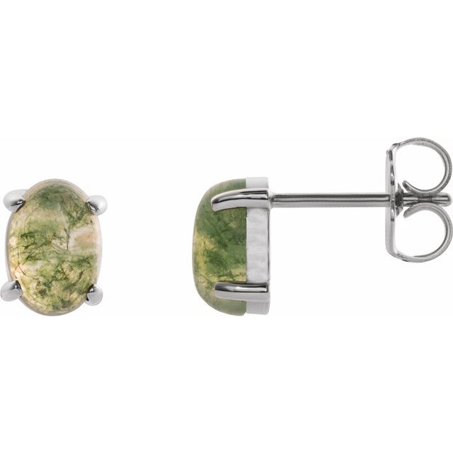 Sterling Silver 7x5 mm Oval Natural Moss Agate Earrings