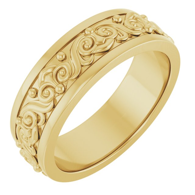 14K Yellow 6.2 mm Scroll Patterned Band Size 7
