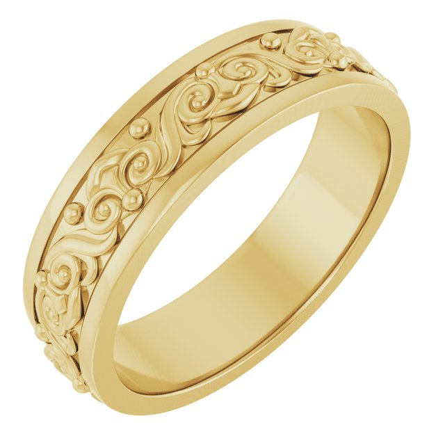 14k Yellow 6.2 Mm Scroll Patterned Band Size 10.5