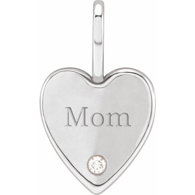 14K White .02 CT Natural Diamond Engraved MOM Heart Charm/Pendant