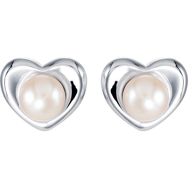 Sterling Silver Cultured White Freshwater Pearl Heart Earrings