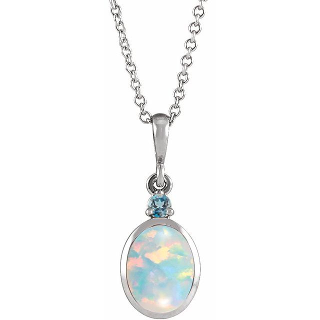 Sterling Silver 6x4 mm Lab-Grown White Opal & Natural London Blue Topaz 16-18' Necklace