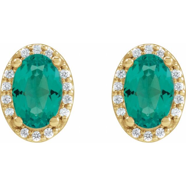 14K Yellow 5x3 mm Lab-Grown Emerald & .04 CTW Natural Diamond Halo-Style Earrings