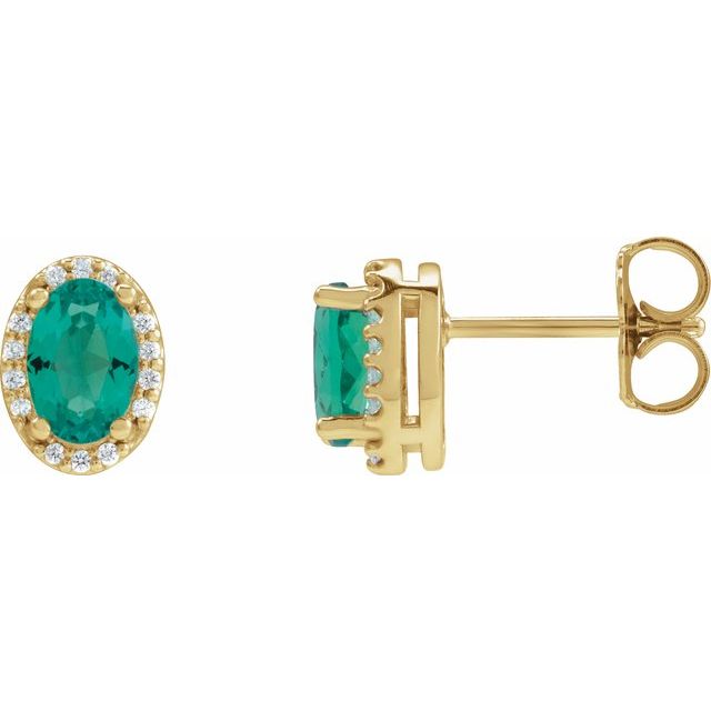 14K Yellow 5x3 mm Lab-Grown Emerald & .04 CTW Natural Diamond Halo-Style Earrings