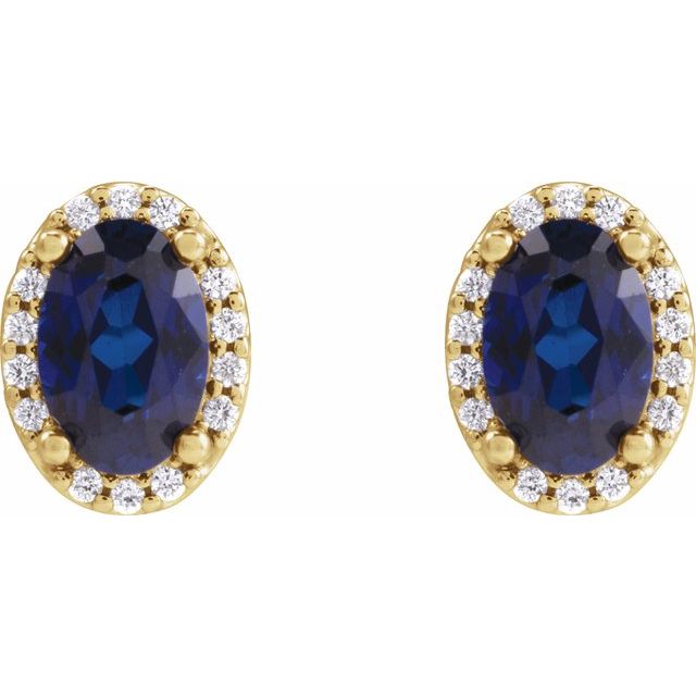 14K Yellow 6x4 mm Lab-Grown Blue Sapphire & .06 CTW Natural Diamond Halo-Style Earrings