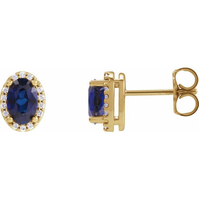 14K Yellow 6x4 mm Lab-Grown Blue Sapphire & .06 CTW Natural Diamond Halo-Style Earrings