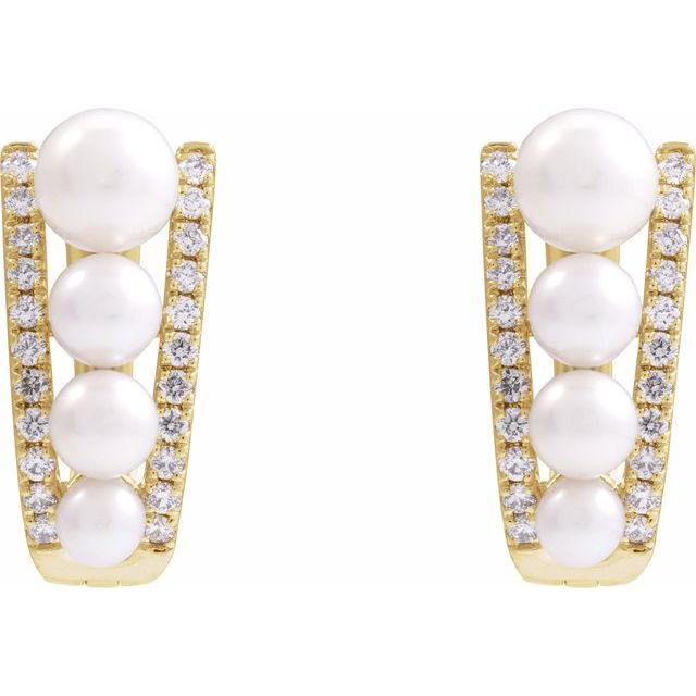14K Yellow Cultured White Freshwater Pearl & 1/4 CTW Natural Diamond Hoop Earrings