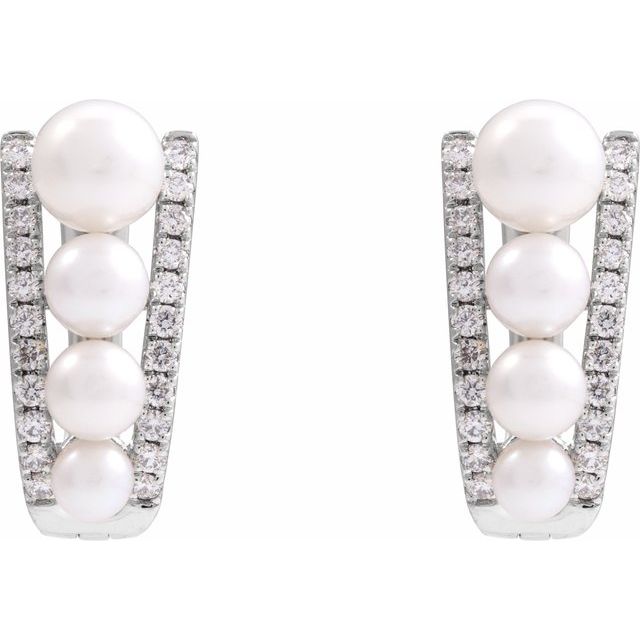 14K White Cultured White Freshwater Pearl & 1/4 CTW Natural Diamond Hoop Earrings