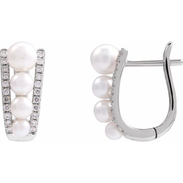 14K White Cultured White Freshwater Pearl & 1/4 CTW Natural Diamond Hoop Earrings