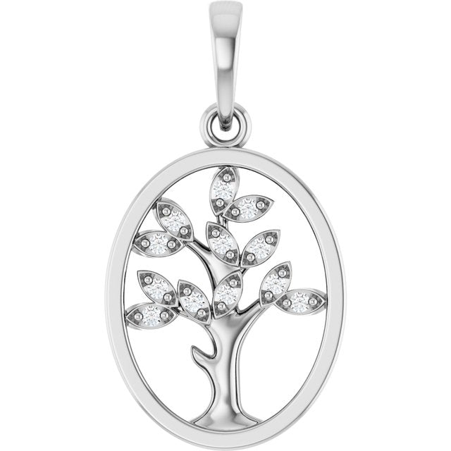 14K White .06 CTW Natural Diamond Tree of Life Pendant