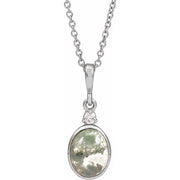 14K White 8x6 mm Natural Moss Agate & .03 CTW Natural Diamond 16-18' Necklace