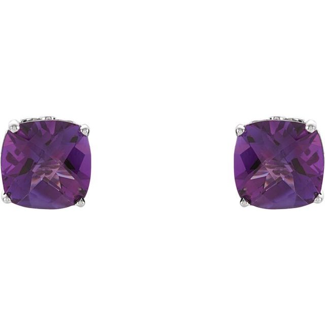 14K White 6x6 mm Cushion Natural Amethyst Earrings
