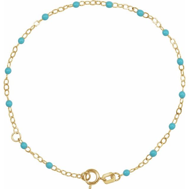 14K Yellow 2 mm Adjustable Turquoise Enamel Bead 6-7' Chain