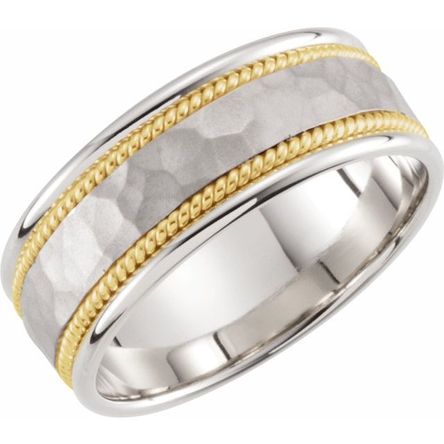 14k White/yellow 8 Mm Flat Comfort-fit Rope Band With Hammer Finish Size 11.5