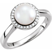 14K White Cultured White Freshwater Pearl & .06 CTW Natural Diamond Halo-Style Ring