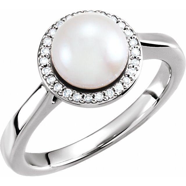 14K White Cultured White Freshwater Pearl & .06 CTW Natural Diamond Halo-Style Ring
