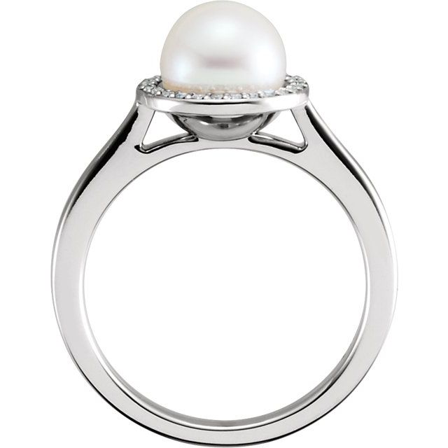 14K White Cultured White Freshwater Pearl & .06 CTW Natural Diamond Halo-Style Ring