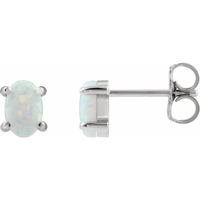 14K White 6x4 mm Oval Lab-Grown White Opal Earrings