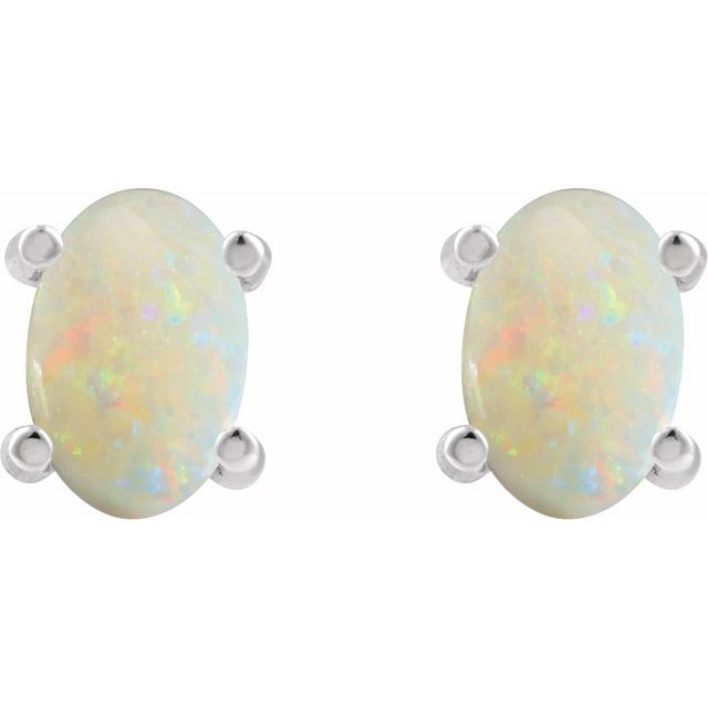 14K White 6x4 mm Oval Natural White Opal Earrings
