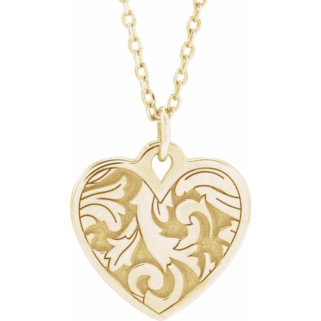 14k Yellow Engravable Floral Heart 16-18' Necklace