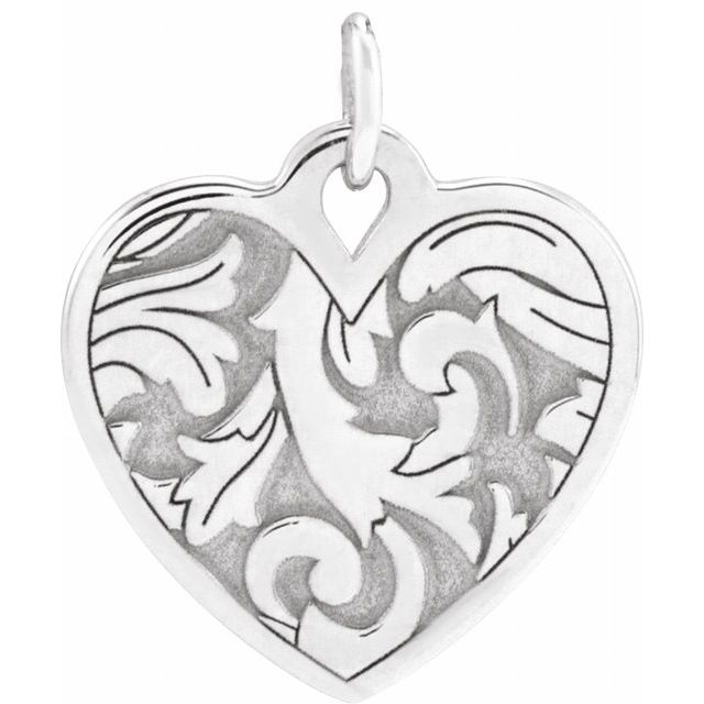 14k White Engravable Floral Heart Pendant