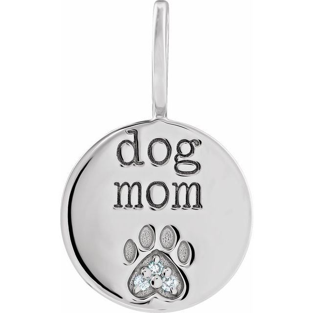 14K White .01 CTW Natural Diamond Engraved Dog Mom Paw Print Charm/Pendant