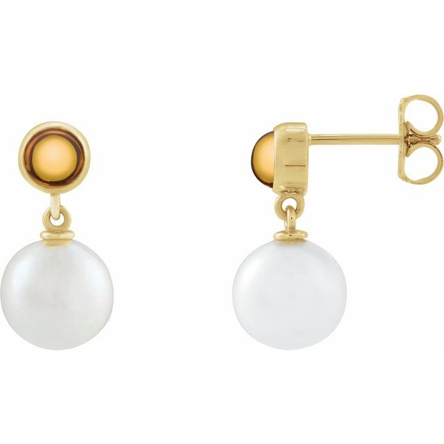 14K Yellow Cultured White Freshwater Pearl & Natural Citrine Cabochon Earrings