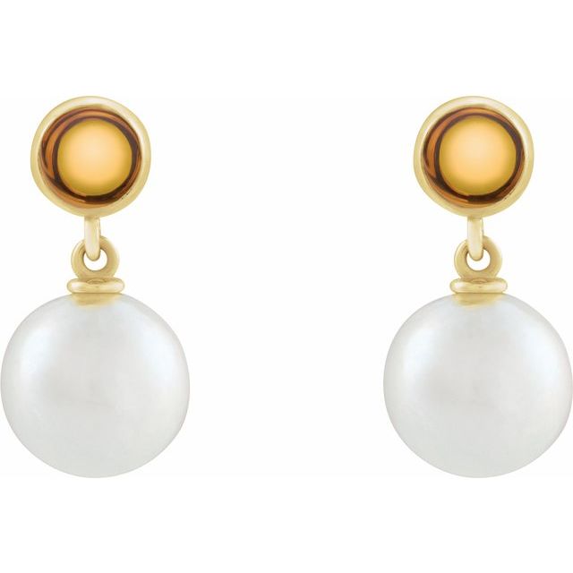 14K Yellow Cultured White Freshwater Pearl & Natural Citrine Cabochon Earrings