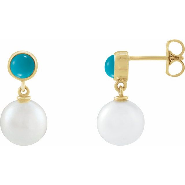 14K Yellow Cultured White Freshwater Pearl & Natural Turquoise Cabochon Earrings