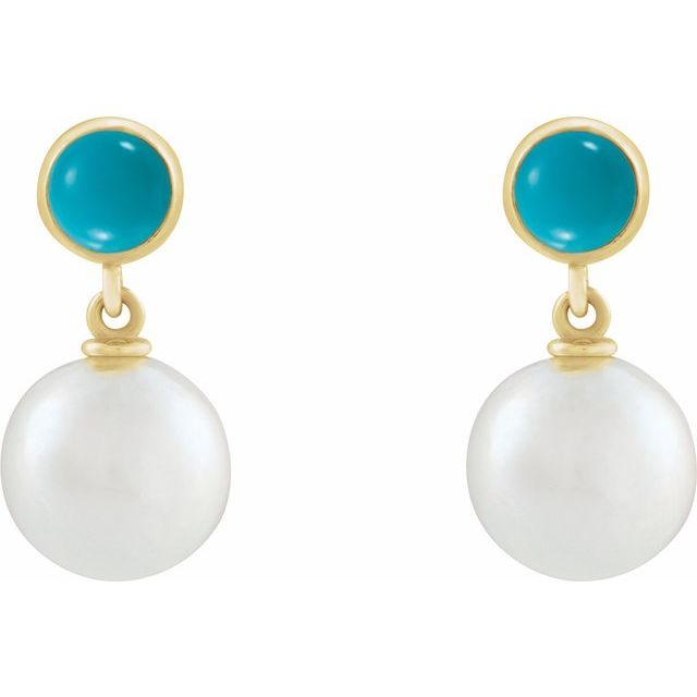 14K Yellow Cultured White Freshwater Pearl & Natural Turquoise Cabochon Earrings