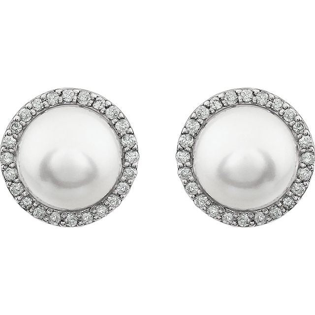 14K White Cultured White Freshwater Pearl  & 1/4 CTW Natural Diamond Earrings
