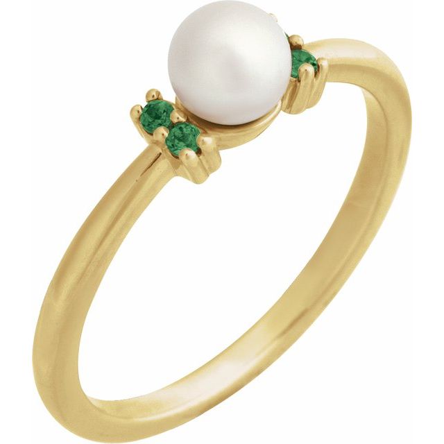 14K Yellow Cultured White Freshwater Pearl & Natural Tsavorite Garnet Ring