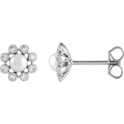 14K White Cultured White Freshwater Pearl & 1/8 CTW Natural Diamond Earrings